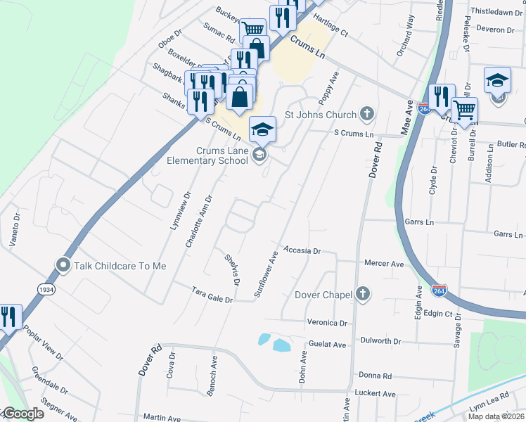 map of restaurants, bars, coffee shops, grocery stores, and more near 4534 Sunset Circle in Louisville