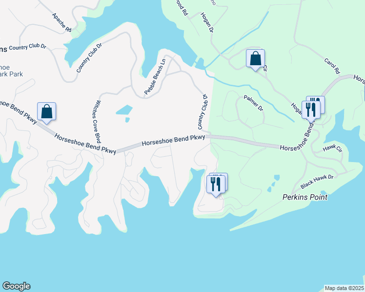 map of restaurants, bars, coffee shops, grocery stores, and more near Horseshoe Bend Pkwy in Village of Four Seasons