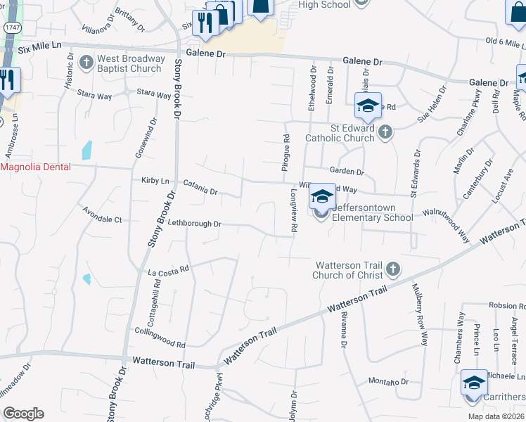 map of restaurants, bars, coffee shops, grocery stores, and more near 3711 Modesto Road in Jeffersontown