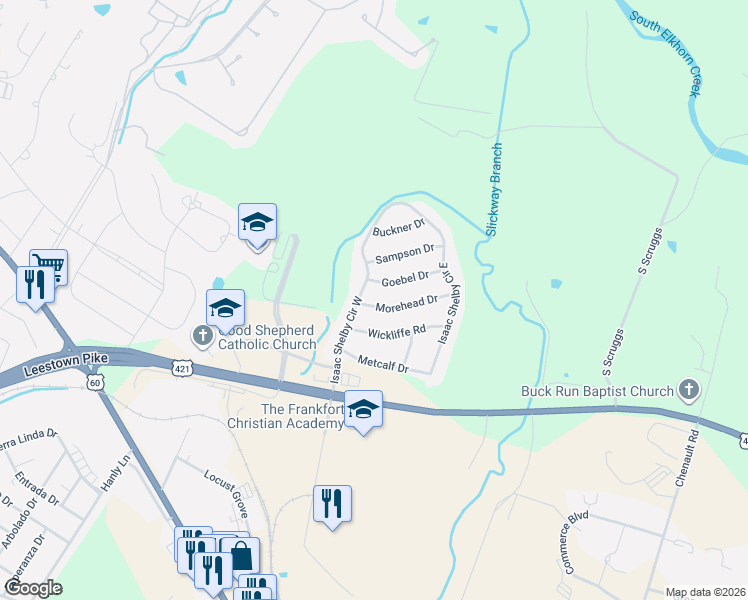 map of restaurants, bars, coffee shops, grocery stores, and more near 721 Isaac Shelby Circle West in Frankfort