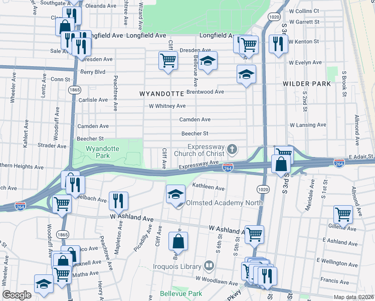 map of restaurants, bars, coffee shops, grocery stores, and more near 805 West Florence Avenue in Louisville