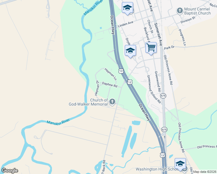map of restaurants, bars, coffee shops, grocery stores, and more near 11290 Hayman Drive in Princess Anne
