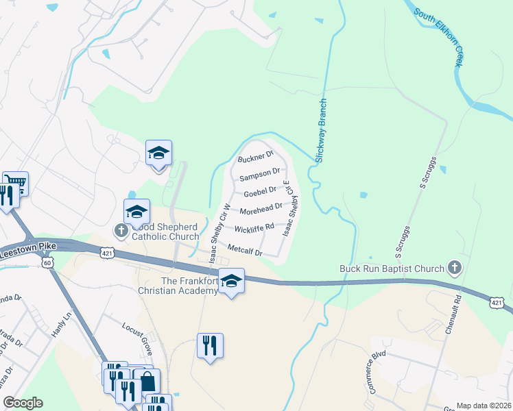map of restaurants, bars, coffee shops, grocery stores, and more near 404-406 Goebel Drive in Frankfort