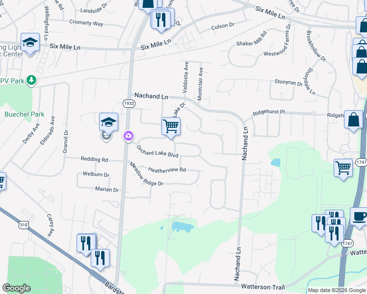 map of restaurants, bars, coffee shops, grocery stores, and more near 4303 Harvest Moon Drive in Louisville