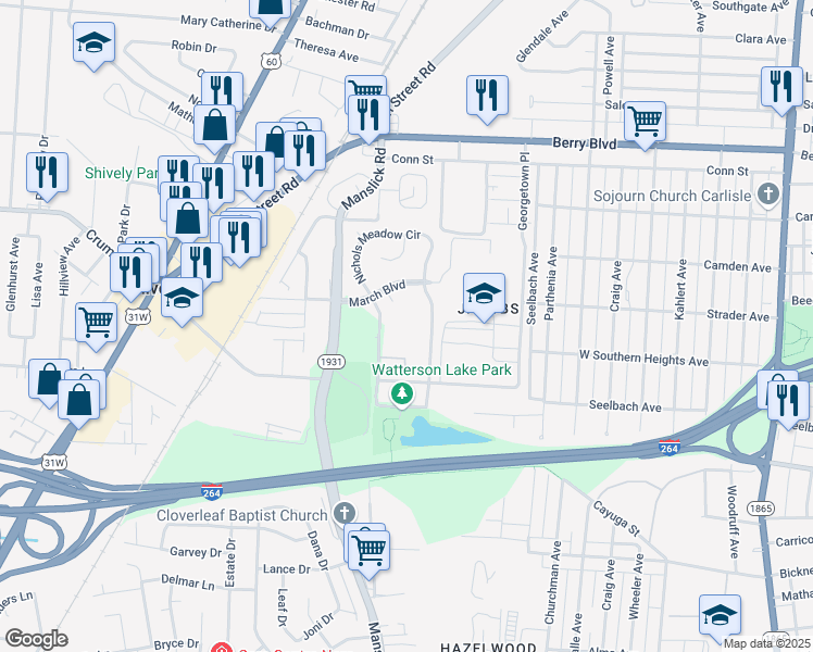 map of restaurants, bars, coffee shops, grocery stores, and more near 3703 West Wheatmore Drive in Louisville