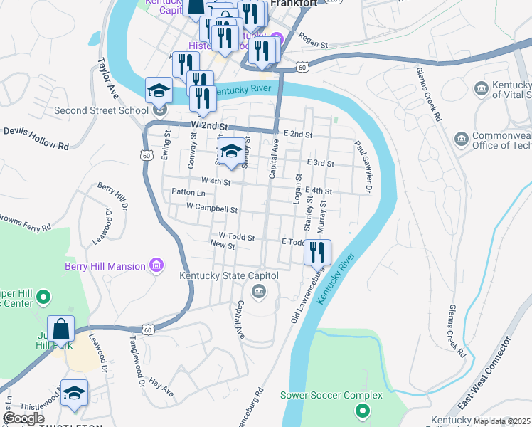 map of restaurants, bars, coffee shops, grocery stores, and more near Capitol Avenue in Frankfort
