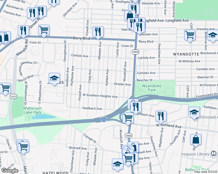 map of restaurants, bars, coffee shops, grocery stores, and more near 3672 Lentz Avenue in Louisville