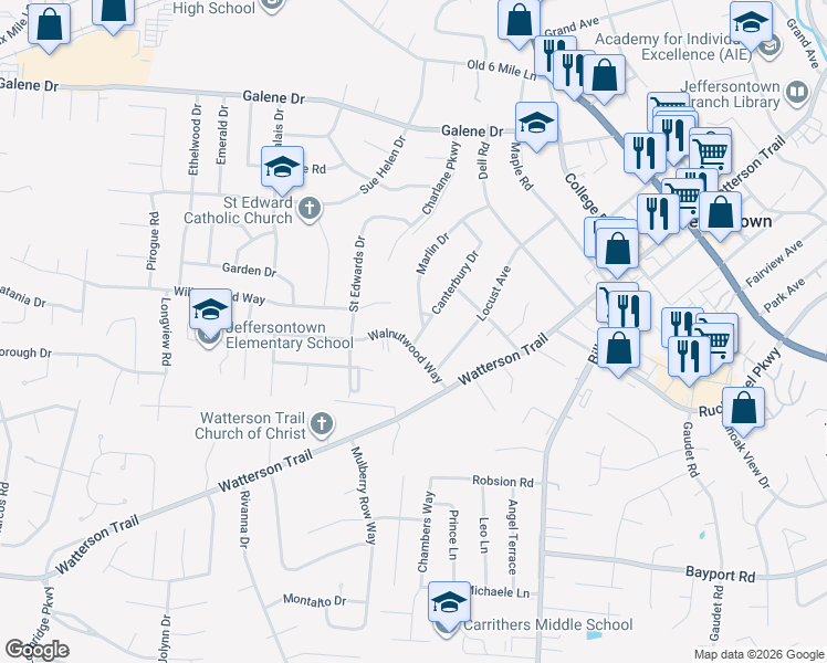 map of restaurants, bars, coffee shops, grocery stores, and more near 9712 Willowwood Way in Louisville