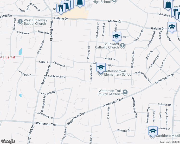map of restaurants, bars, coffee shops, grocery stores, and more near 3705 Longview Road in Louisville