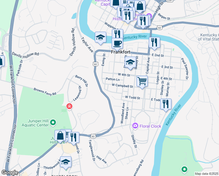 map of restaurants, bars, coffee shops, grocery stores, and more near 406 West Campbell Street in Frankfort