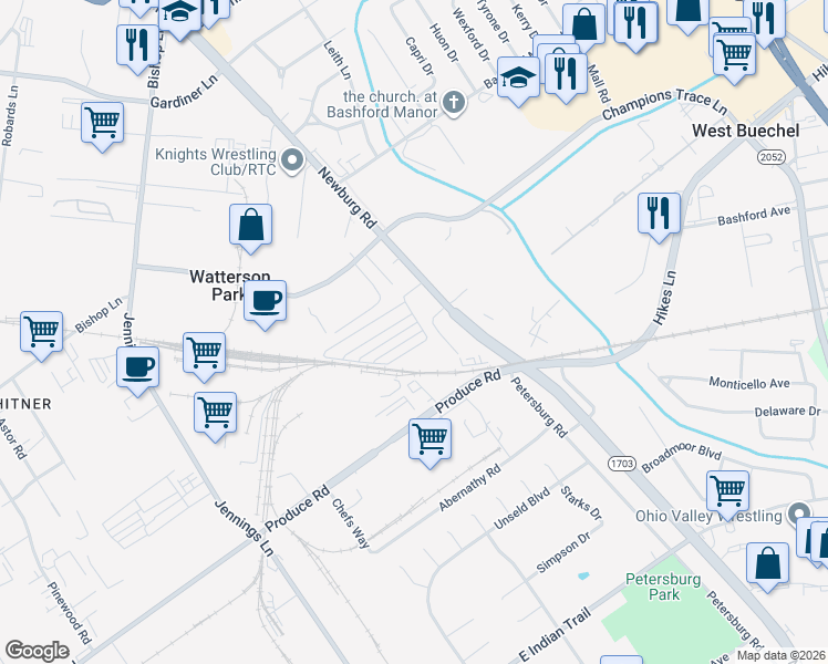 map of restaurants, bars, coffee shops, grocery stores, and more near 3508 Newburg Road in Louisville