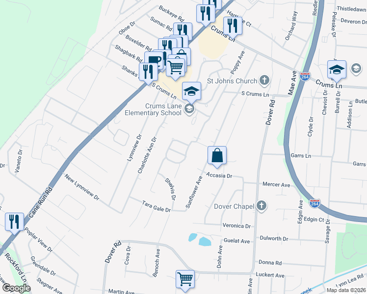 map of restaurants, bars, coffee shops, grocery stores, and more near 4534 Sunset Circle in Louisville