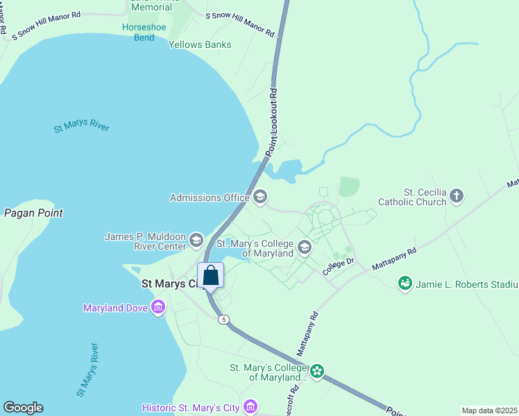 map of restaurants, bars, coffee shops, grocery stores, and more near 47645 College Drive in Saint Marys City