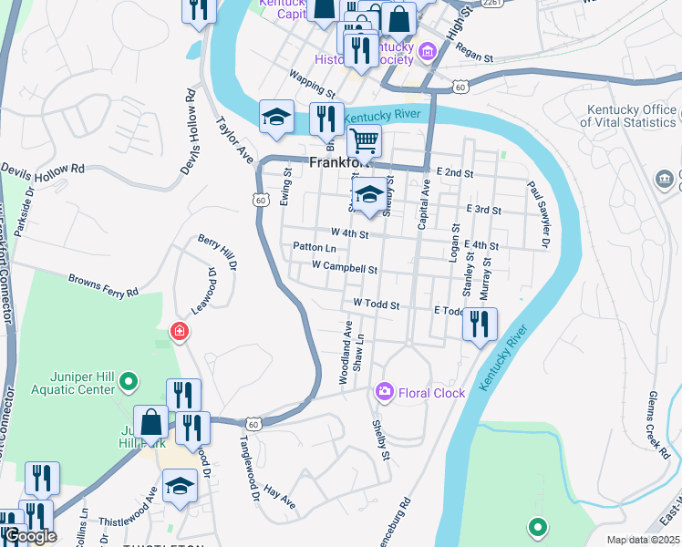 map of restaurants, bars, coffee shops, grocery stores, and more near 316 West Campbell Street in Frankfort
