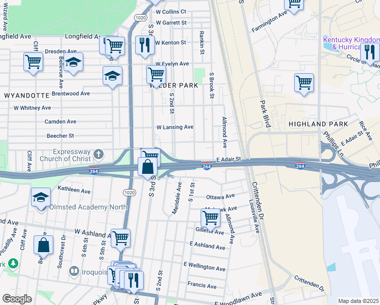 map of restaurants, bars, coffee shops, grocery stores, and more near 106 West Florence Avenue in Louisville