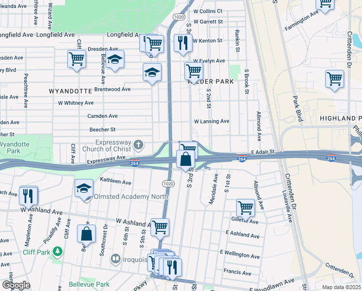 map of restaurants, bars, coffee shops, grocery stores, and more near 307 West Florence Avenue in Louisville