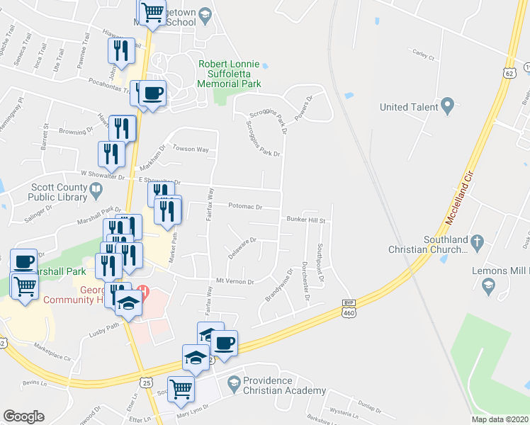 map of restaurants, bars, coffee shops, grocery stores, and more near 226 Potomac Drive in Georgetown