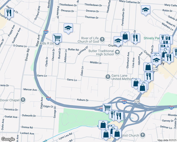 map of restaurants, bars, coffee shops, grocery stores, and more near 2133 West Lane in Louisville
