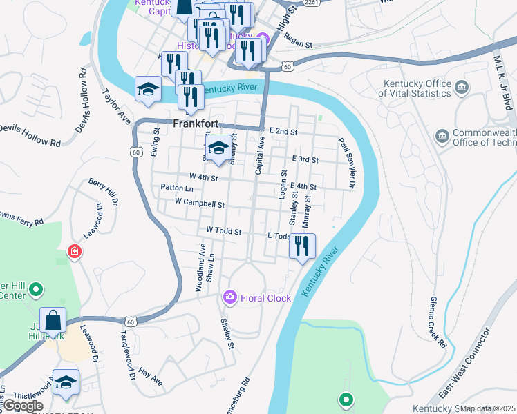 map of restaurants, bars, coffee shops, grocery stores, and more near 453 Capitol Avenue in Frankfort