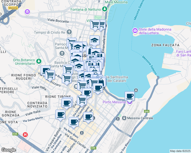 map of restaurants, bars, coffee shops, grocery stores, and more near Via Cardines in Messina