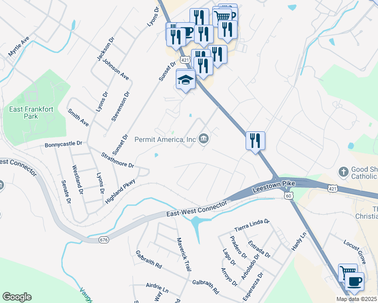 map of restaurants, bars, coffee shops, grocery stores, and more near 222 Pulliam Drive in Frankfort