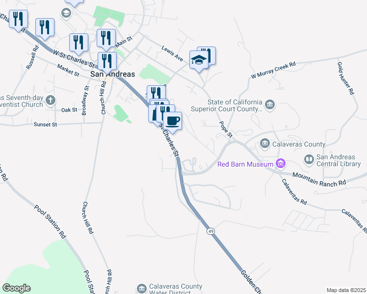 map of restaurants, bars, coffee shops, grocery stores, and more near 401 East Street Charles Street in San Andreas