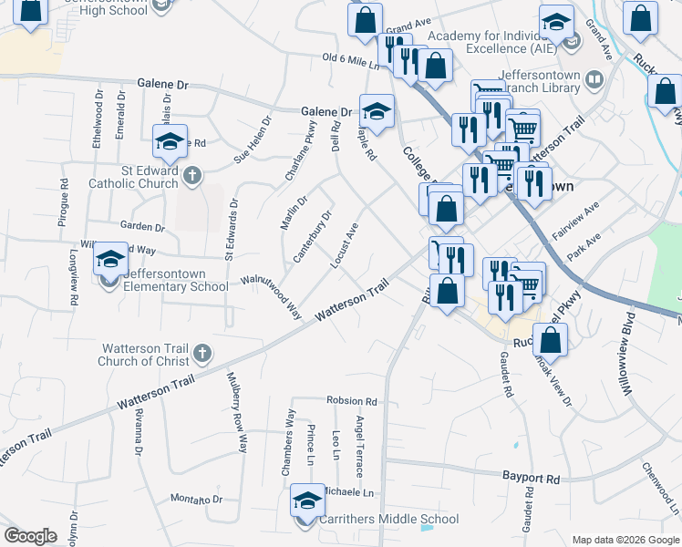 map of restaurants, bars, coffee shops, grocery stores, and more near 3703 Locust Avenue in Jeffersontown