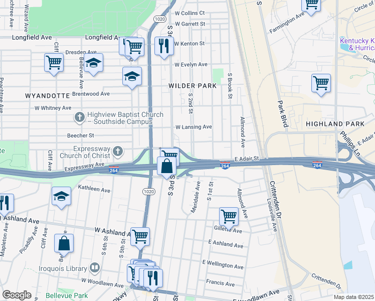 map of restaurants, bars, coffee shops, grocery stores, and more near 220 1/2 West Florence Avenue in Louisville