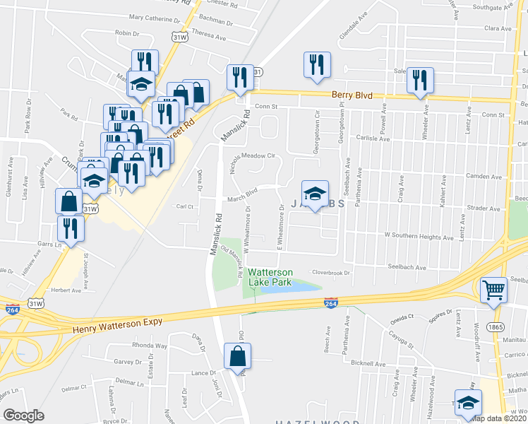 map of restaurants, bars, coffee shops, grocery stores, and more near 3703 West Wheatmore Drive in Louisville