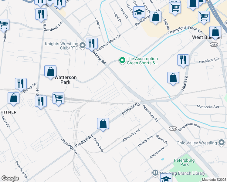 map of restaurants, bars, coffee shops, grocery stores, and more near 3504 Fleetwood Drive in Louisville