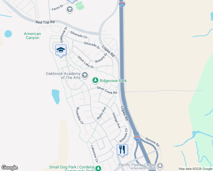 map of restaurants, bars, coffee shops, grocery stores, and more near 625 Greentree Circle in Fairfield