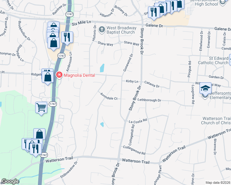map of restaurants, bars, coffee shops, grocery stores, and more near 3810 Kirby Lane in Jeffersontown