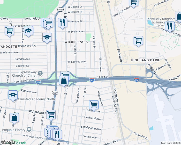 map of restaurants, bars, coffee shops, grocery stores, and more near 100 East Florence Avenue in Louisville