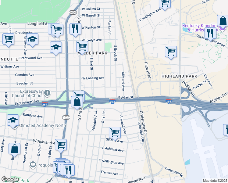 map of restaurants, bars, coffee shops, grocery stores, and more near 4401 South Brook Street in Louisville