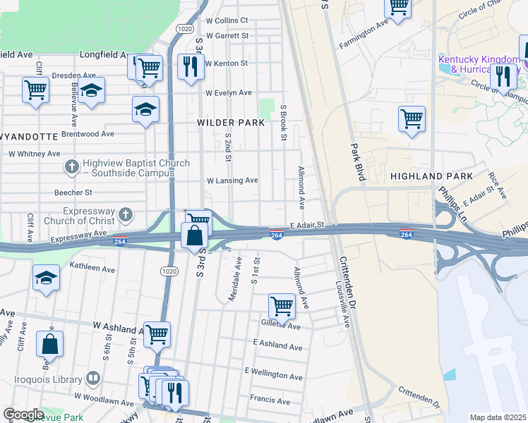 map of restaurants, bars, coffee shops, grocery stores, and more near 100 East Florence Avenue in Louisville