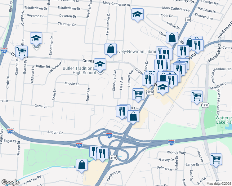 map of restaurants, bars, coffee shops, grocery stores, and more near 4041 Glenhurst Avenue in Louisville