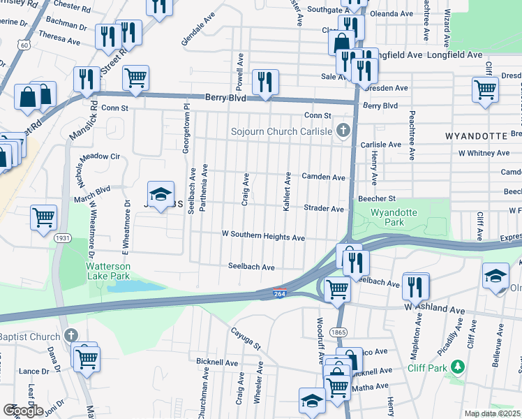 map of restaurants, bars, coffee shops, grocery stores, and more near 3702 Wheeler Avenue in Louisville