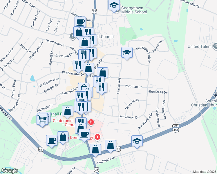 map of restaurants, bars, coffee shops, grocery stores, and more near 105 Potomac Court in Georgetown