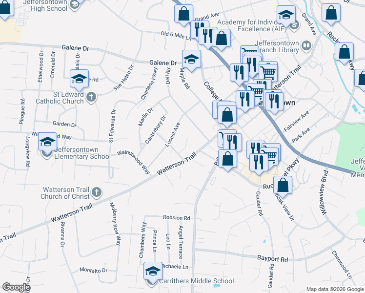 map of restaurants, bars, coffee shops, grocery stores, and more near 3606 Willow Court in Louisville