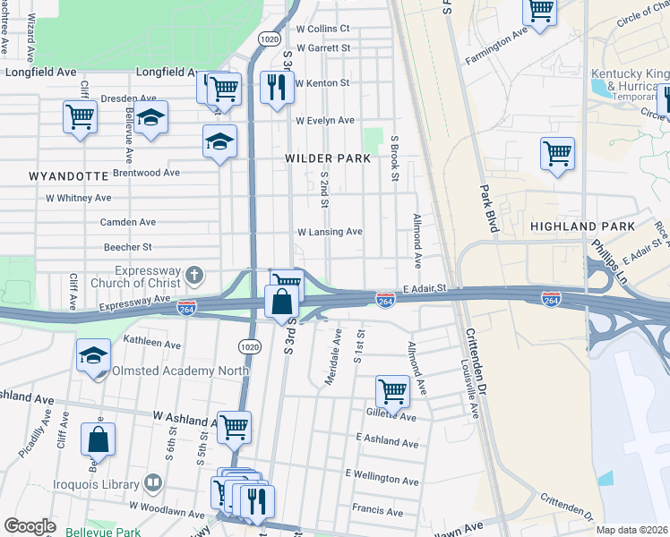 map of restaurants, bars, coffee shops, grocery stores, and more near 106 West Florence Avenue in Louisville