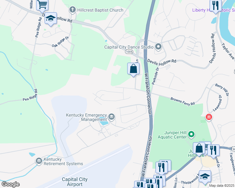 map of restaurants, bars, coffee shops, grocery stores, and more near 231 Hollyberry Drive in Frankfort