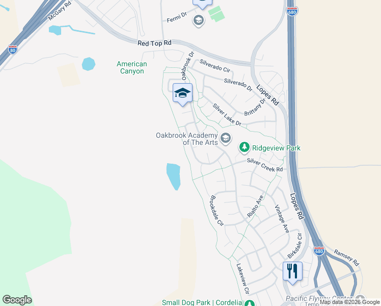 map of restaurants, bars, coffee shops, grocery stores, and more near 5055 Oakbrook Circle in Fairfield