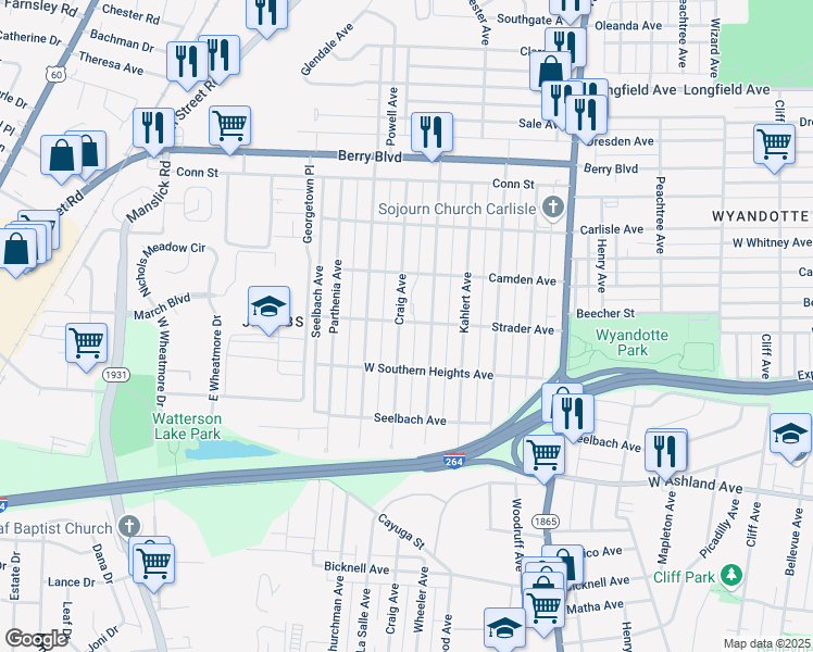 map of restaurants, bars, coffee shops, grocery stores, and more near 3701 Craig Avenue in Louisville