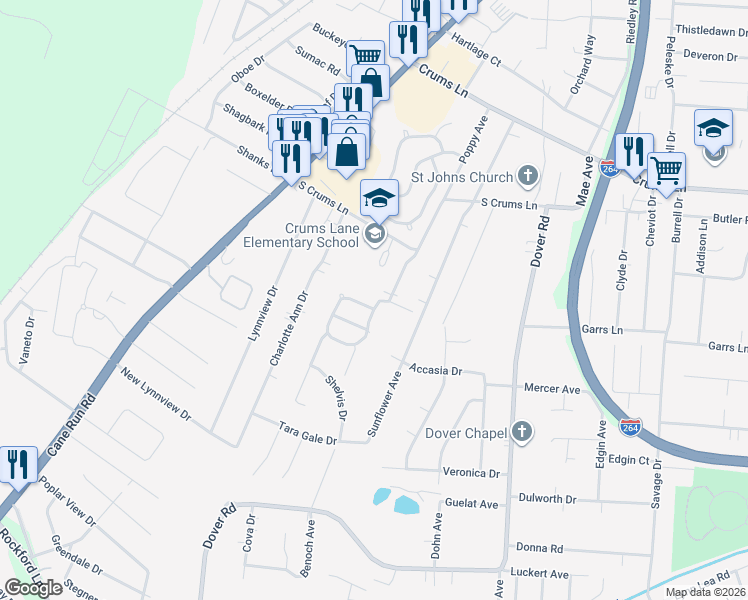 map of restaurants, bars, coffee shops, grocery stores, and more near 4534 Sunset Circle in Louisville