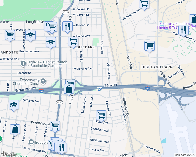 map of restaurants, bars, coffee shops, grocery stores, and more near 100 East Florence Avenue in Louisville