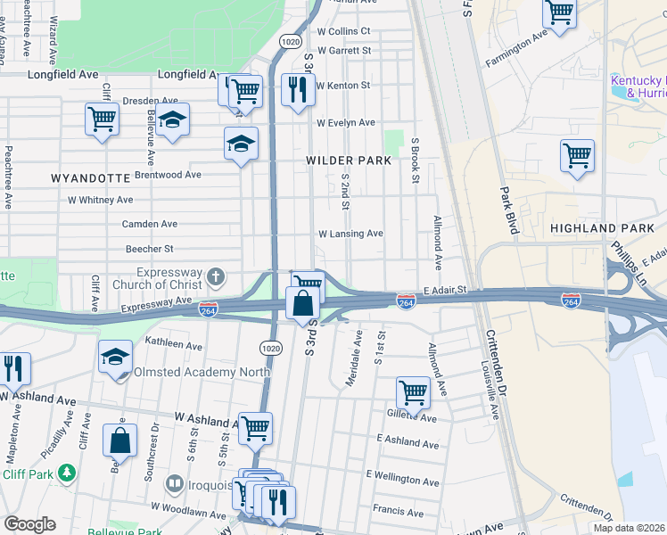 map of restaurants, bars, coffee shops, grocery stores, and more near 220 1/2 West Florence Avenue in Louisville