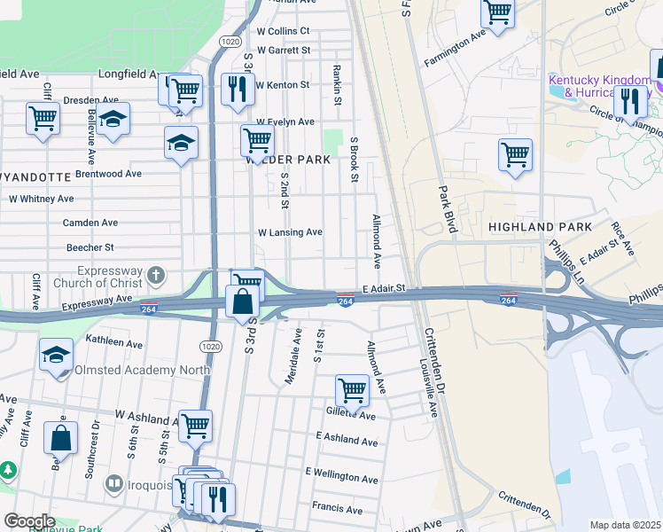 map of restaurants, bars, coffee shops, grocery stores, and more near 100 East Florence Avenue in Louisville
