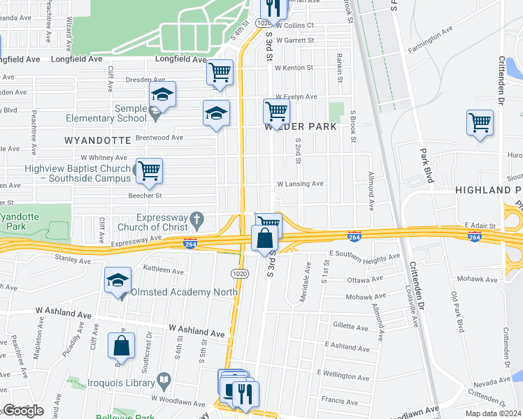 map of restaurants, bars, coffee shops, grocery stores, and more near 307 West Florence Avenue in Louisville