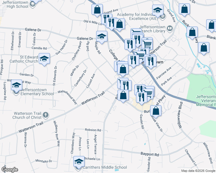 map of restaurants, bars, coffee shops, grocery stores, and more near 10219 Watterson Trail in Jeffersontown