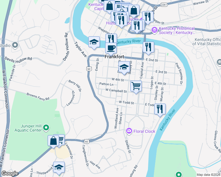 map of restaurants, bars, coffee shops, grocery stores, and more near 316 West Campbell Street in Frankfort